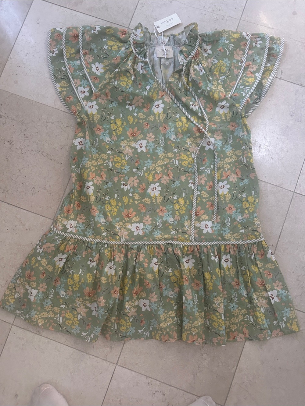 Umgee Sage Green Floral Tie-Neck Ruffle Dress